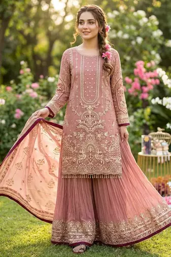 Light Pink Color  Embroidery Sequence Work Faux Georgette Salwar Suit