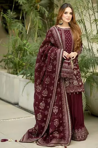 Maroon Color  Embroidery Sequence Work Faux Georgette Salwar Suit