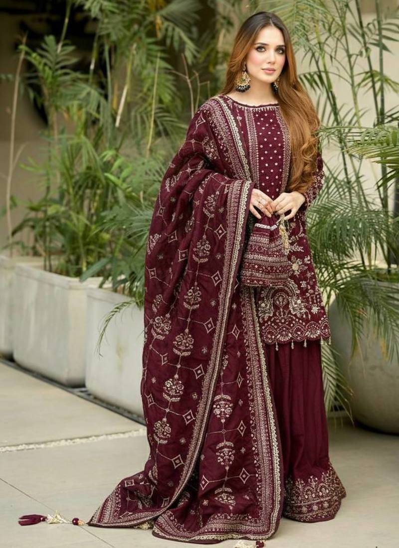 Maroon Color  Embroidery Sequence Work Faux Georgette Salwar Suit