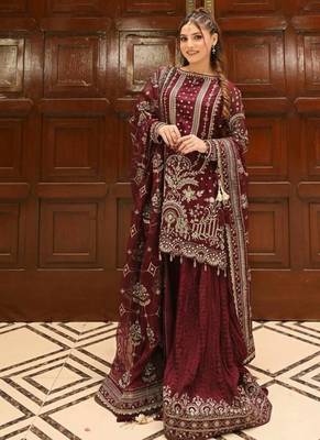 Maroon Color  Embroidery Sequence Work Faux Georgette Salwar Suit 2