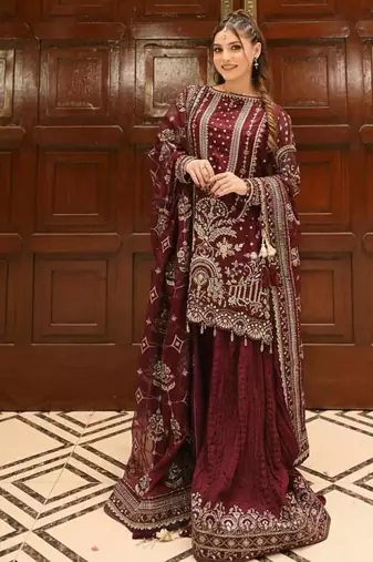 Maroon Color  Embroidery Sequence Work Faux Georgette Salwar Suit