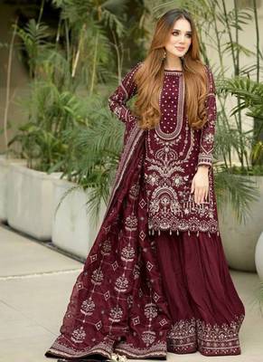 Maroon Color  Embroidery Sequence Work Faux Georgette Salwar Suit 3