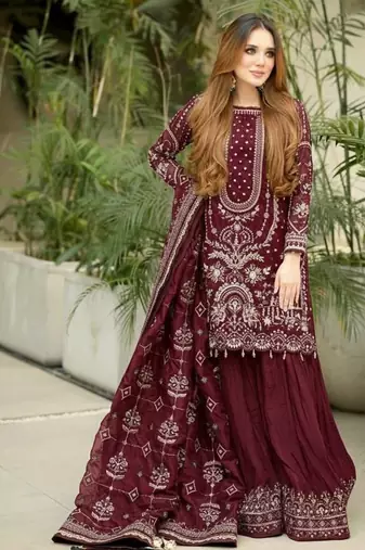 Maroon Color  Embroidery Sequence Work Faux Georgette Salwar Suit