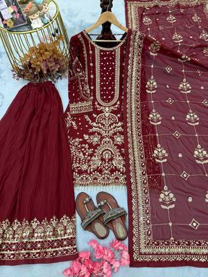 Maroon Color  Embroidery Sequence Work Faux Georgette Salwar Suit 4