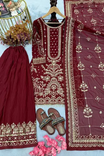 Maroon Color  Embroidery Sequence Work Faux Georgette Salwar Suit
