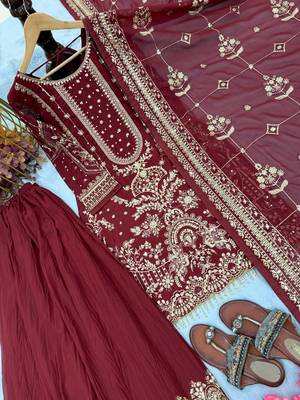Maroon Color  Embroidery Sequence Work Faux Georgette Salwar Suit 5