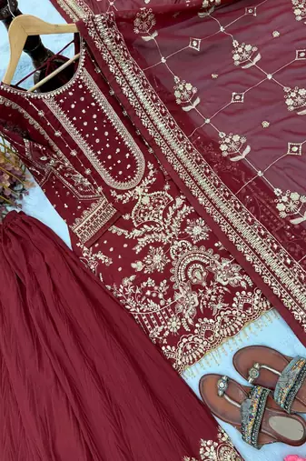 Maroon Color  Embroidery Sequence Work Faux Georgette Salwar Suit