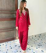 red color beaded and 5mm sequin embroidery work crepe kurti set