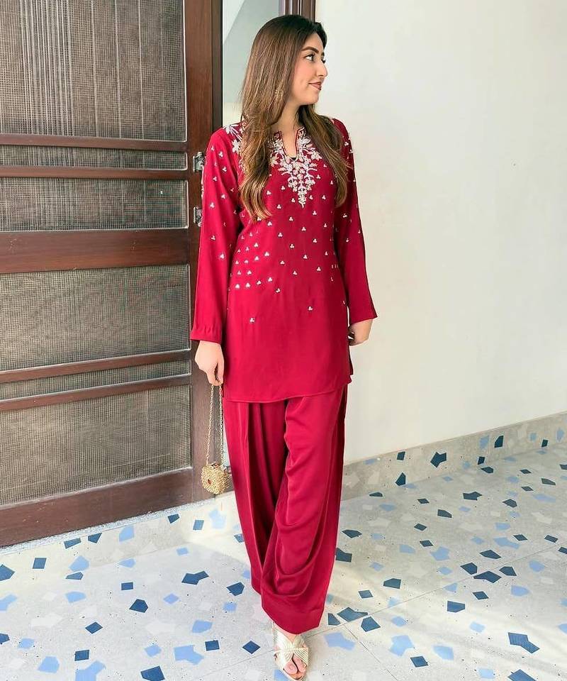 red color beaded and 5mm sequin embroidery work crepe kurti set