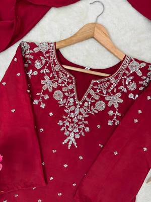red color beaded and 5mm sequin embroidery work crepe kurti set 2