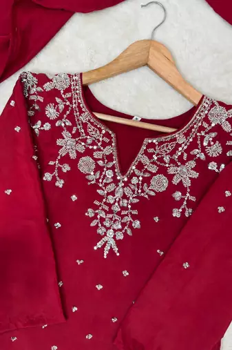 red color beaded and 5mm sequin embroidery work crepe kurti set