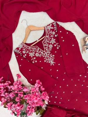 red color beaded and 5mm sequin embroidery work crepe kurti set 3
