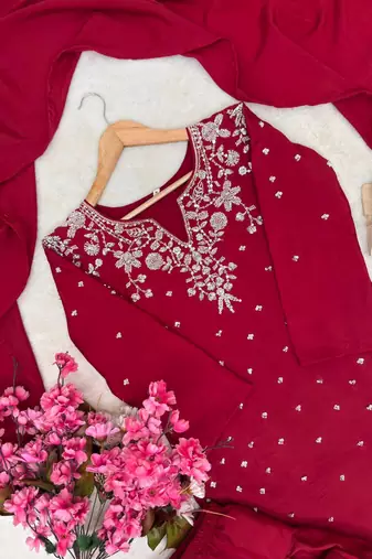 red color beaded and 5mm sequin embroidery work crepe kurti set