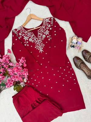 red color beaded and 5mm sequin embroidery work crepe kurti set 4