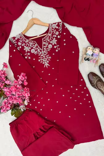 red color beaded and 5mm sequin embroidery work crepe kurti set