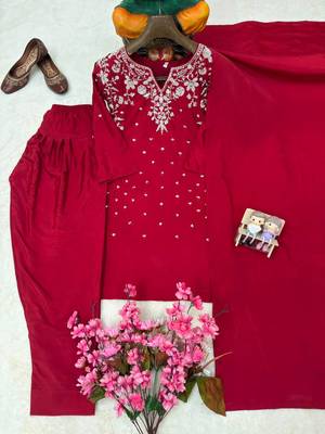 red color beaded and 5mm sequin embroidery work crepe kurti set 5