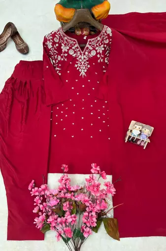red color beaded and 5mm sequin embroidery work crepe kurti set
