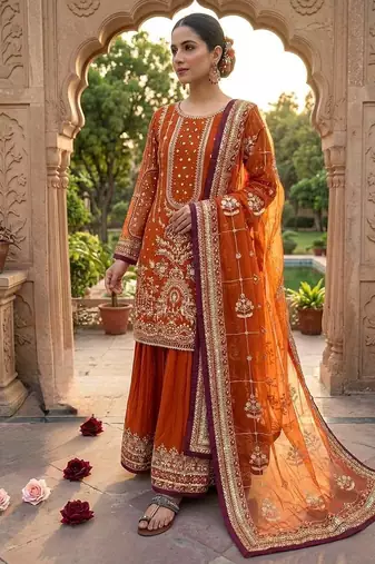 Orange Color  Embroidery Sequence Work Faux Georgette Salwar Suit