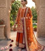 Orange Color  Embroidery Sequence Work Faux Georgette Salwar Suit