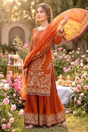 Orange Color  Embroidery Sequence Work Faux Georgette Salwar Suit