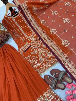 Orange Color  Embroidery Sequence Work Faux Georgette Salwar Suit 4