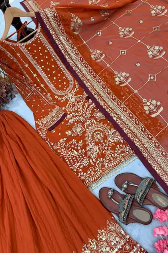 Orange Color  Embroidery Sequence Work Faux Georgette Salwar Suit