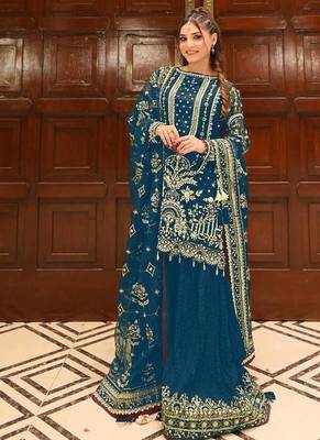 Teal Color  Embroidery Sequence Work Faux Georgette Salwar Suit 2