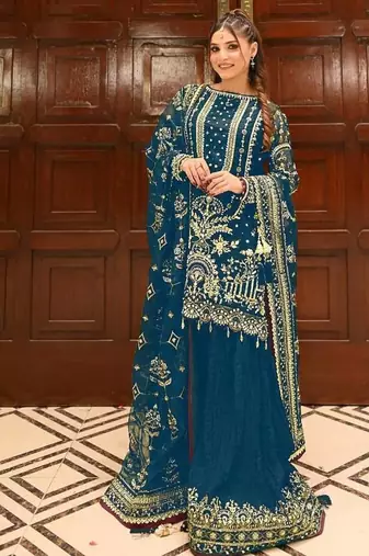 Teal Color  Embroidery Sequence Work Faux Georgette Salwar Suit