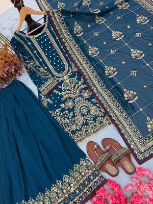 Teal Color  Embroidery Sequence Work Faux Georgette Salwar Suit 3
