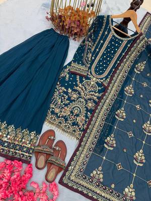 Teal Color  Embroidery Sequence Work Faux Georgette Salwar Suit 4