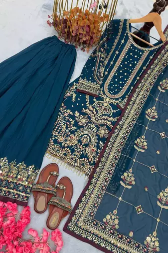 Teal Color  Embroidery Sequence Work Faux Georgette Salwar Suit