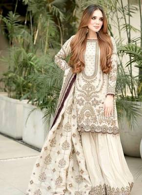 White Color  Embroidery Sequence Work Faux Georgette Salwar Suit 1