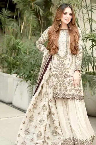 White Color  Embroidery Sequence Work Faux Georgette Salwar Suit