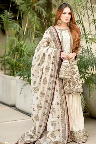 White Color  Embroidery Sequence Work Faux Georgette Salwar Suit