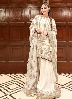 White Color  Embroidery Sequence Work Faux Georgette Salwar Suit 3
