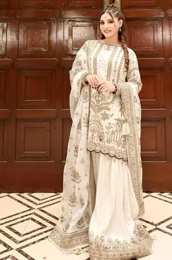 White Color  Embroidery Sequence Work Faux Georgette Salwar Suit