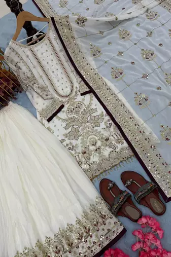 White Color  Embroidery Sequence Work Faux Georgette Salwar Suit