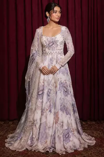 white color digital print with pearl work georgette gown set