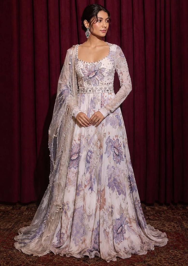 white color digital print with pearl work georgette gown set