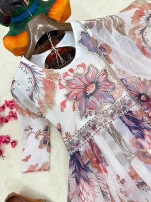 white color digital print with pearl work georgette gown set 2