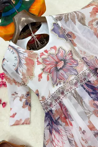 white color digital print with pearl work georgette gown set