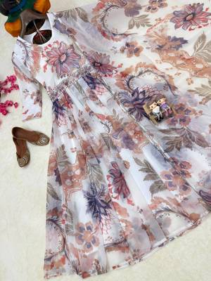 white color digital print with pearl work georgette gown set 3