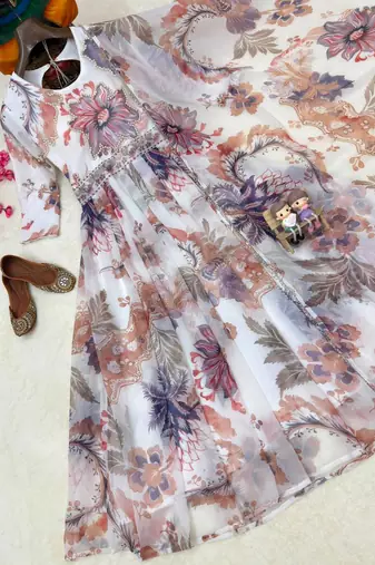 white color digital print with pearl work georgette gown set