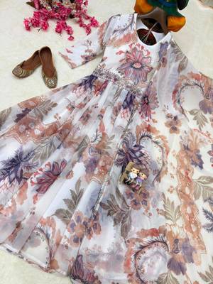 white color digital print with pearl work georgette gown set 4