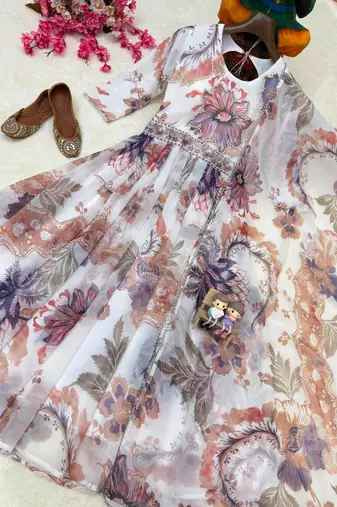 white color digital print with pearl work georgette gown set