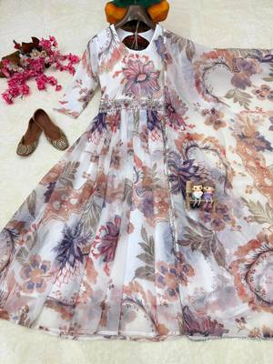 white color digital print with pearl work georgette gown set 5