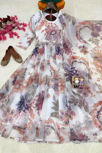 white color digital print with pearl work georgette gown set