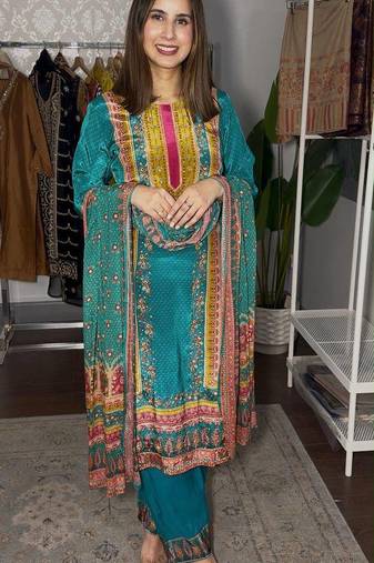emerald color digital print malai satin kurti palazzo set