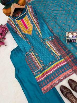 emerald color digital print malai satin kurti palazzo set 3