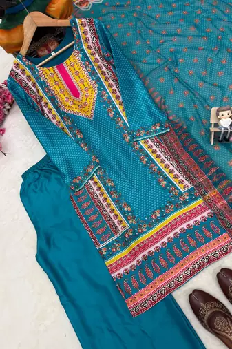 emerald color digital print malai satin kurti palazzo set